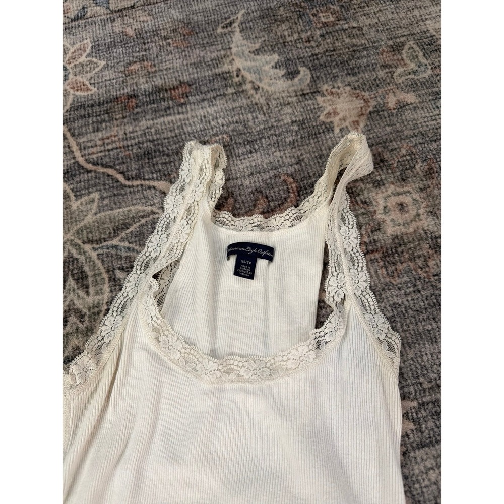 American Eagle Vintage Y2K White Lace Ribbed Cotton Tank Top - Picture 3 of 4